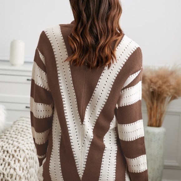 brown chevron v neck leopard print striped sweater - Picture 4 of 4